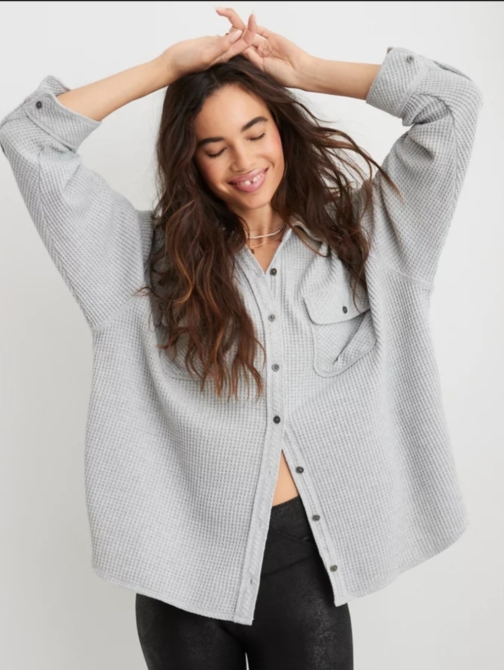 Aerie Lumber Jane Womens Oversized  Waffle Shirt S Heather Grey